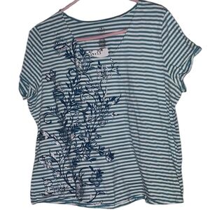 Sold***St Johns Bay Green And White Striped With Floral Detail Top P2P-23